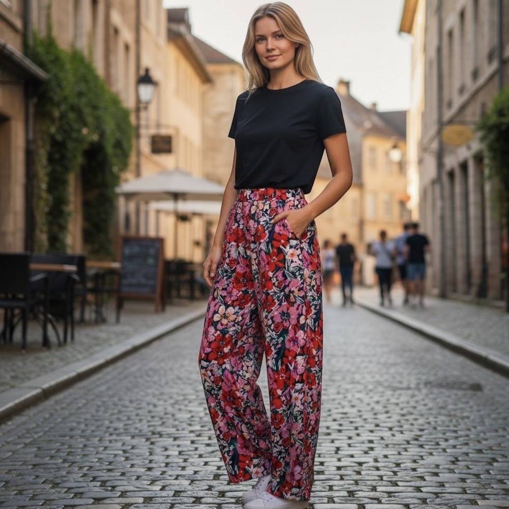 ❤️Emery Rose Floral Wide Leg Pants Elastic Waist Size 3XL Boho Casual Pristine